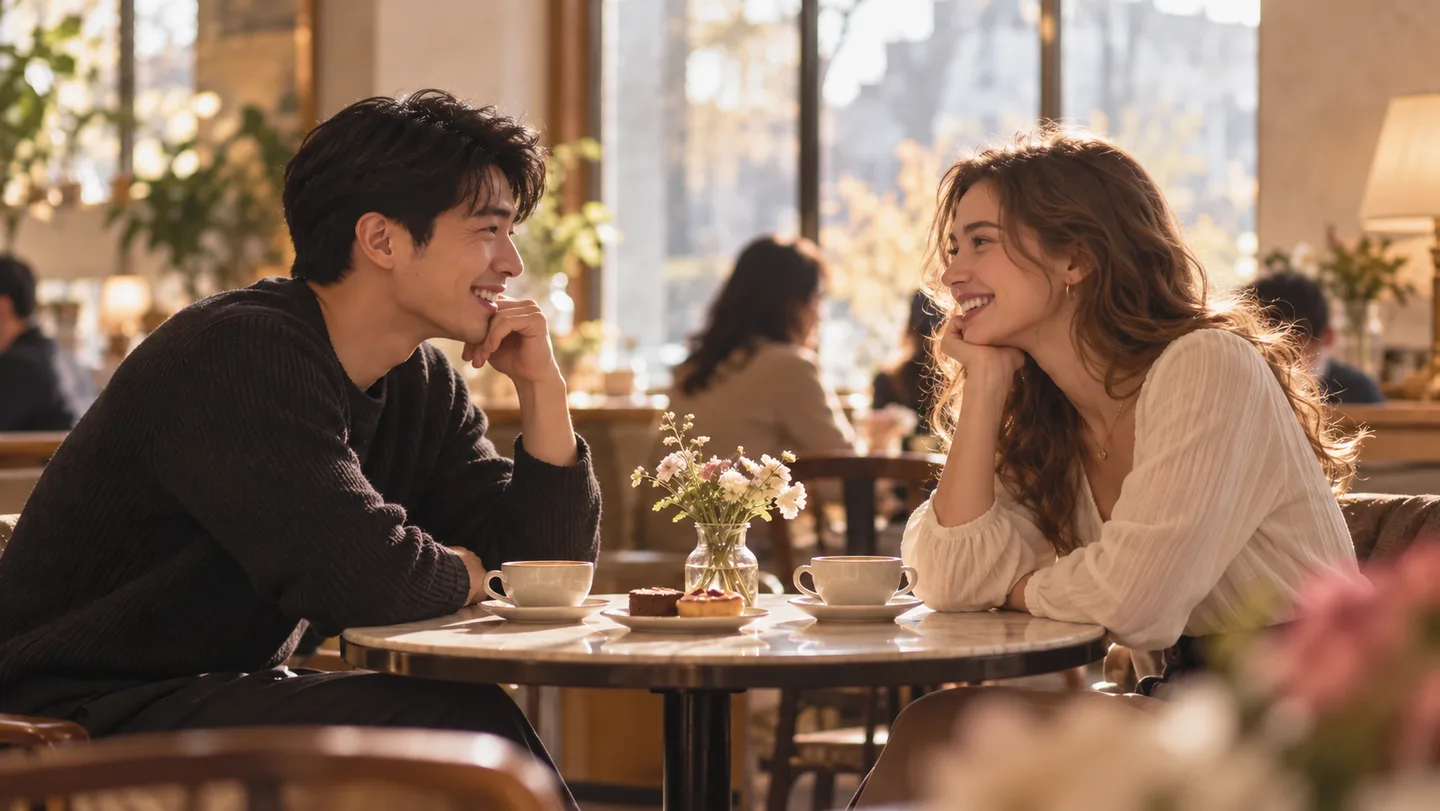 Illustrative photo of a Korean man and an international woman talking over coffee